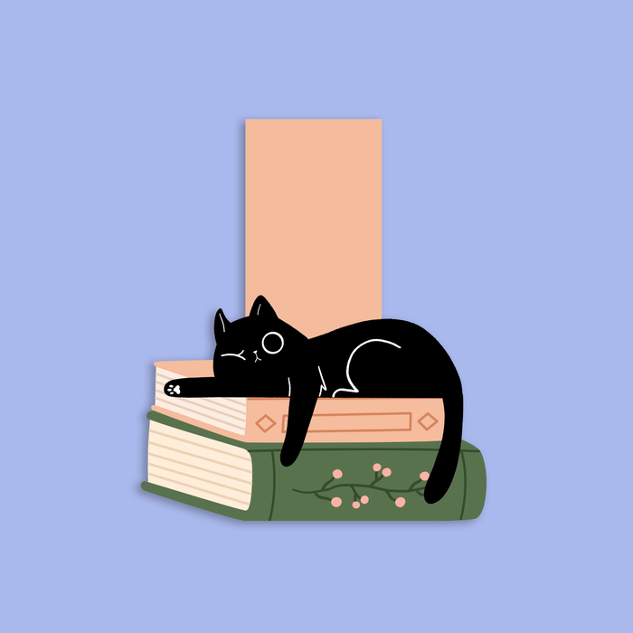 A black cat sleeping on a stack of books magnetic bookmark