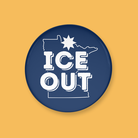 Button badge with 'ICE OUT' text and outline of a Minnesota on a yellow background