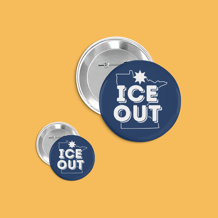 Two blue buttons with 'ICE OUT' text on a yellow background