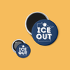 Two blue magnets with 'ICE OUT' text on a yellow background