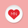 Round white button with a red heart and 'MN' text on a pink background