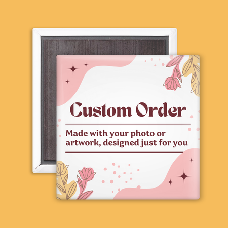 Floral-themed customizable square photo magnet on a yellow background