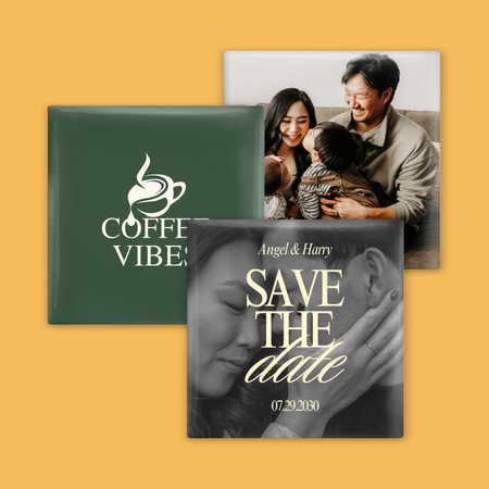 Three photo magnets on a yellow background: 'Coffee Vibes' book, 'Save the Date' card, and family photo.