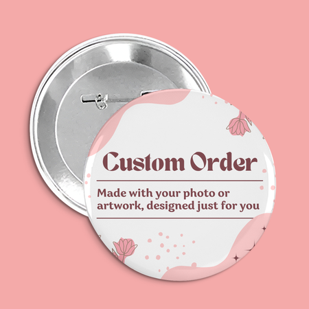 Round button badge with 'Custom Order' text on a pink background