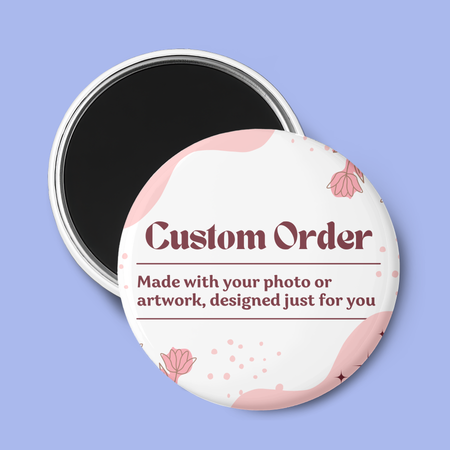 Round custom order magnet with floral design on a purple background