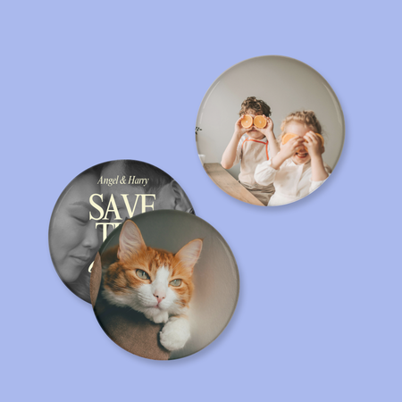 Three circular photo buttons with different images on a blue background