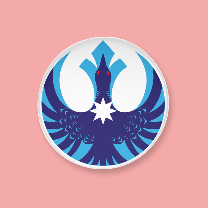 Circular logo with a stylized loon design on a pink background