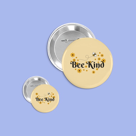 Set of yellow buttons with the text bee kind and flowers and a bee 