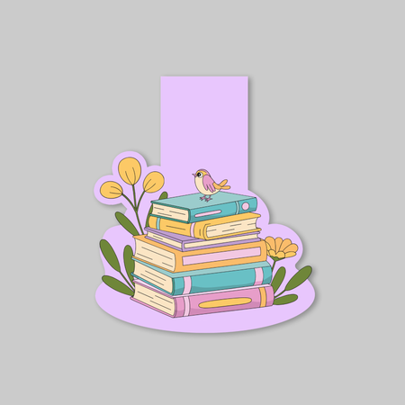 Decorative magnetic bookmark with books and a bird on a light gray background