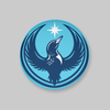 Circular logo with a stylized loon and star design on a gray background