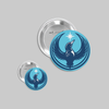 Two buttons with a blue loon design on a gray background